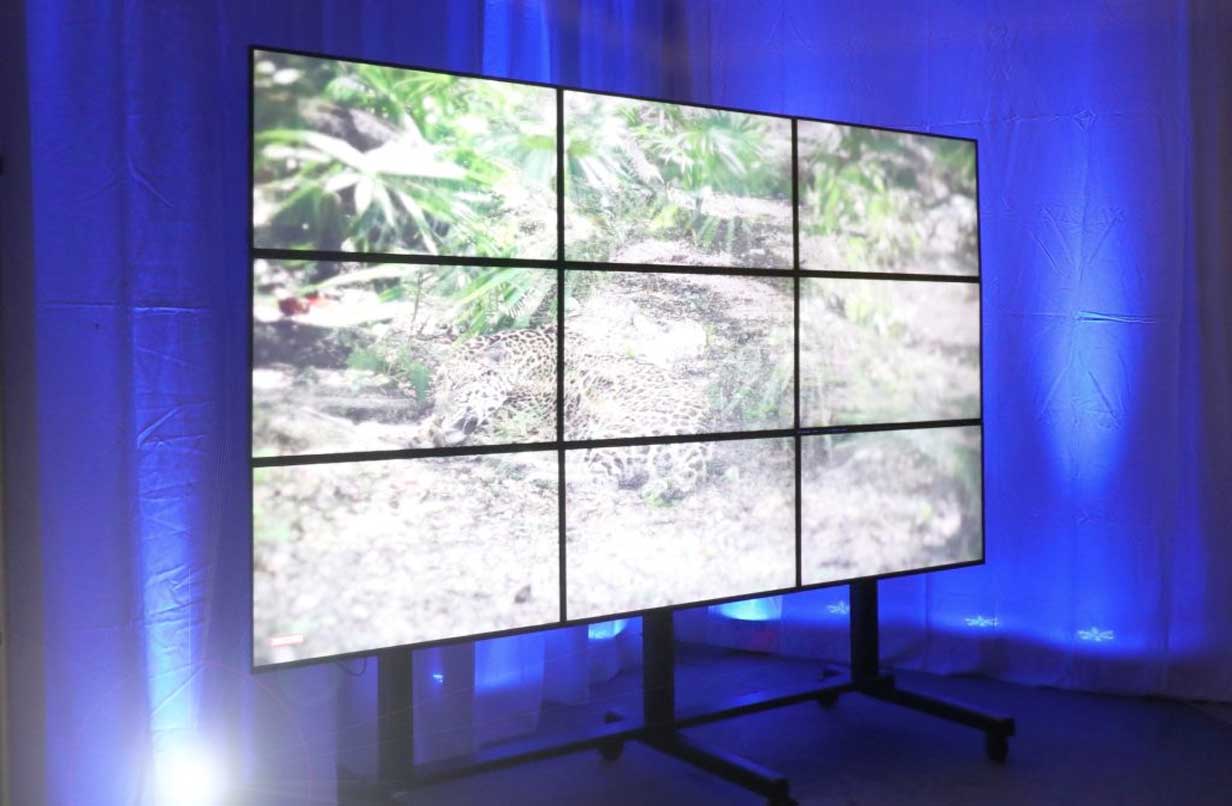 Instalacion de videowall con ruedas para multiples pantallas de tv
